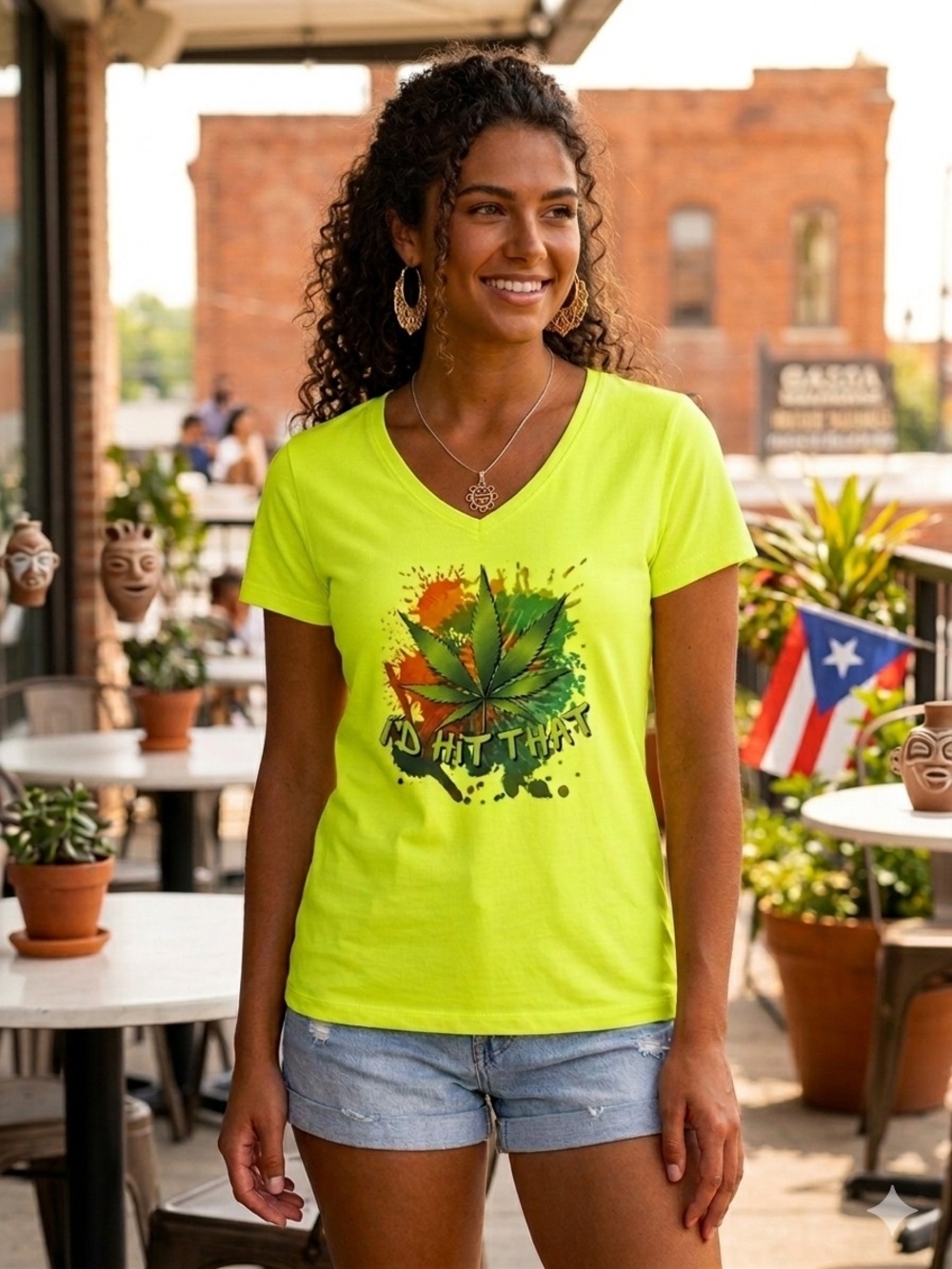 Neon Yellow Graphic V‑Neck Tee with Leaf Design